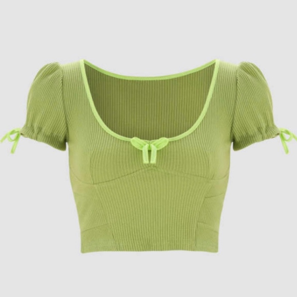 Cider Green Ribbed Puff Sleeve Top Small Size